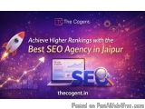 The image is an advertisement for a SEO agency in Jaipur, India. The background is a dark purple color with a galaxy-like pat...