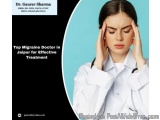 The image shows a young woman with long dark hair, wearing a white lab coat, holding her head in pain. She appears to be in d...