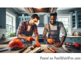 The image shows two young men in a kitchen, both wearing aprons and gloves, working together on a workbench. They are both sm...