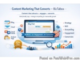 The image is an infographic that explains the concept of content marketing that converts to BizTalbox. It has a blue backgrou...