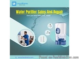 The image is an advertisement for a water purifier sales and repair service. It has a blue background with a white banner at...