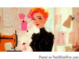 The image is an illustration of a young woman with short, colorful hair. She is standing in front of a sewing machine and is...