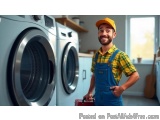 The image shows a young man standing in front of a washing machine in a laundry room. He is wearing a yellow cap and blue ove...