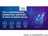 The image is an infographic that explains the top 4 performance marketing services in India to drive sales. It has a blue bac...