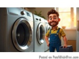 The image shows a cartoon character of a man standing in front of a row of washing machines in a laundry room. The man is wea...