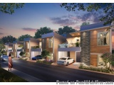 The image is a 3D rendering of a modern residential complex at dusk. The complex is a row of multi-story houses with modern d...