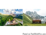 The image is a collage of two photographs of a beautiful mountain landscape. The first photograph on the left shows a small c...