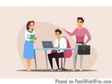 The image shows three people in an office setting. On the left side, there is a woman wearing a blue skirt and a white blouse...