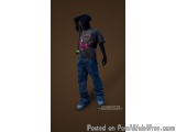 The image shows a mannequin wearing a black t-shirt with a pink graphic on the front and blue jeans. The t shirt has a round...