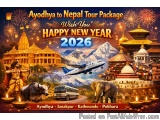 The image is a promotional poster for Ayodhya to Nepal Tour Package 2020. It has a colorful background with a mountain range...