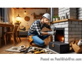In this image, we can see a man wearing a white hard hat and a plaid shirt, kneeling on the floor in front of a fireplace. He...