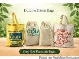The image shows three durable cotton bags with different designs on them. The bags are made of a light-colored fabric and hav...