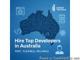 The image is a graphic design that promotes the idea of hiring top developers in Australia. It has a blue background with a m...