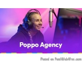 The image is a promotional graphic for Poppo Agency, a podcasting company. It features a young woman wearing a black hoodie a...