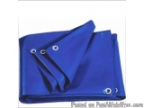 The image shows a folded blue tarpaulin sheet. The sheet is made of a shiny, shiny material and appears to be made of plastic...