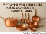 The image shows a collection of copper utensils, including a saucepan with a lid, a frying pan, a ladle, a spoon, a fork, and...