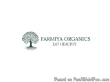 The image is a logo for Farmiya Organics, a company that specializes in eating healthy. The logo is a simple design with a wh...
