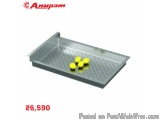 The image shows a rectangular metal tray with a perforated surface. The tray is made of stainless steel and has a flat base....