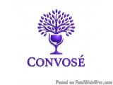 The image is a logo for a company called "Convose". It is a simple design with a white background and a purple color scheme....