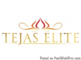The image is a logo for a company called "TEJAS ELITE". The logo is written in a modern, sans-serif font and is in a golden c...