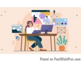 The image shows a woman sitting at a desk in front of a computer. She is wearing a white shirt and blue jeans and is holding...