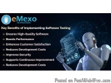 The image shows a robot holding a tablet with the text "Key Benefits of Implementing Software Testing" above it. The robot is...