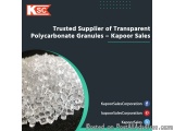 The image is an advertisement for a trusted supplier of transparent polycarbonate granules. The background is black and the t...