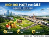 The image is an advertisement for high ROI plots for sale in Bangalore, India. The background of the image shows a cityscape...