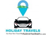 The image is a logo for a travel agency called "Holiday Travels". It features a black car with a blue triangle in the center,...