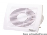 The image shows a white wall-mounted air conditioning unit with a round fan in the center. The unit is square in shape and ha...