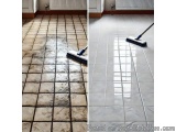 The image is a collage of two photographs of a tiled floor. The first photograph on the left shows a close-up of the floor, w...