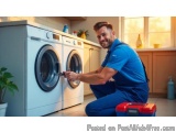 In this image, we can see a man in a blue uniform kneeling on the floor in front of a washing machine in a laundry room. He i...