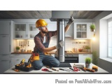 In this image, we can see a man wearing a yellow hard hat, a plaid shirt, and overalls, working on a kitchen countertop. He i...