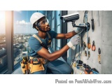 The image shows a construction worker wearing a hard hat, safety glasses, and a tool belt with various tools hanging on the w...