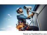 The image shows a man wearing a hard hat and overalls, working on a security camera mounted on the side of a building. He is...