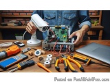 The image shows a person working on a circuit board with a security camera. The person is wearing a blue denim shirt and is h...