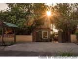 The image shows a beautiful sunset over a residential area. The sky is orange and yellow, with the sun shining through the tr...