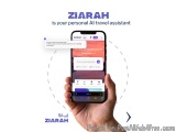 The image shows a hand holding a smartphone with the text "ZiARAH is your personal AI travel assistant" on the screen. The ba...