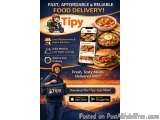 The image is an advertisement for a food delivery app called Tipy. The background of the image is a dark blue color with an o...