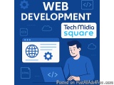 The image is an illustration of a man working on a laptop with the text "Web Development Tech Midia Square" above him. The ba...