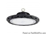 The image shows a black LED high bay light fixture. It is a round, circular light fixture with a metal ring on top. The light...