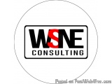The image is a circular logo for WSNE Consulting. The logo is black and white with the letters "WSNE" in a bold, sans-serif f...