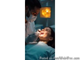 The image shows a dentist examining a young woman's teeth in a dental clinic. The dentist is wearing a white coat, a face mas...