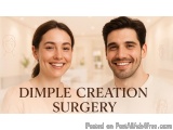 The image is a digital advertisement for a dental clinic called Dimple Creation Surgery. It features a man and a woman smilin...