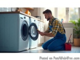 In this image, we can see a young man kneeling on the floor in front of a washing machine in a laundry room. He is wearing a...