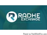 The image is a logo for the Radhe Exchange, a financial services company. The logo is rectangular in shape and has a dark gre...