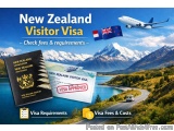 The image is an advertisement for New Zealand Visitor Visa. It has a blue background with a scenic view of a beautiful landsc...