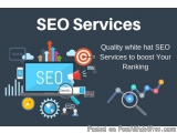 The image is an advertisement for SEO services. It has a dark blue background with white text that reads "SEO Services" at th...