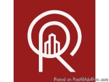 The image is a red square with a white letter "Q" in the center. Inside the letter, there is a white line drawing of a buildi...