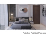The image shows a modern and luxurious bedroom with a large bed in the center. The bed has a gray headboard and is covered wi...